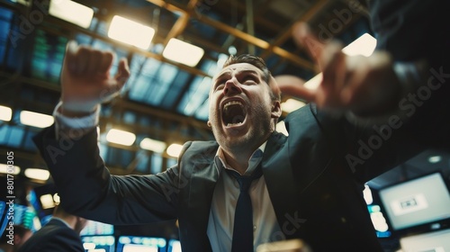 Floor traders shouting and gesturing vigorously as they buy and sell stocks, creating a dynamic and noisy environment