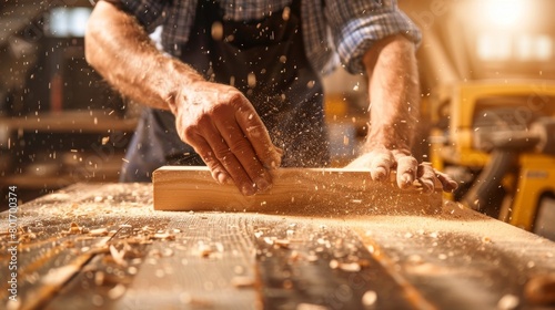 Furniture craftsman meticulously sanding a handcrafted wooden table in a sunny workshop, surrounded by woodworking tools