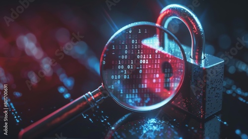 A magnifying glass over a padlock with binary code in the background.