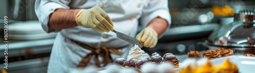 Pastry chef crafting delicate chocolate eclairs, filling them with creamy custard in a wellequipped bakery kitchen