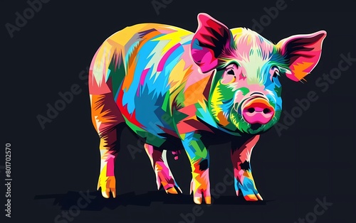 pig drawn using WPAP art style, isolated black background, pop art, vector illustration. 