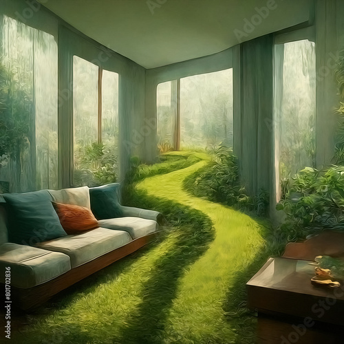 Dreamlike perspective of a bright grassy footpath curving through a suburban or country house, with sunlight streaming through dewy windows onto furniture and plants. Motifs of nature, transition.