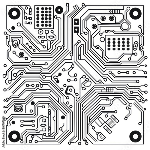 circuit board black line drawing of a pcb on a white background