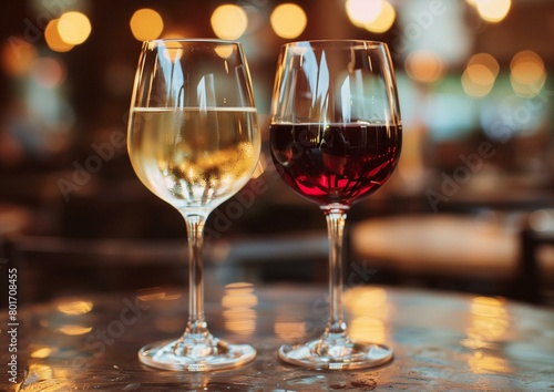 Elegant Red and White Wine Glasses on Restaurant Table with Warm Ambient Lighting