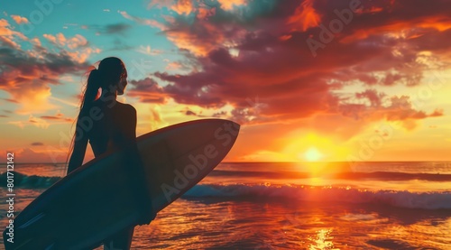 silhouette girl surfer with board watching sunset on the beach