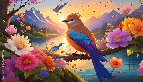 a stunning digital artwork featuring Leke adorned with colorful birds and delicate flowers, capturing the essence of beauty and nature."