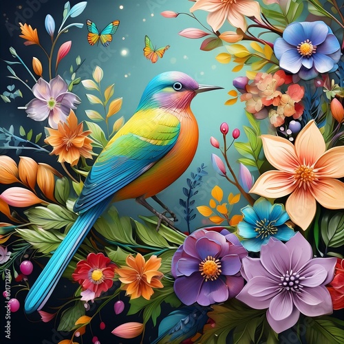 a stunning digital artwork featuring Leke adorned with colorful birds and delicate flowers, capturing the essence of beauty and nature."