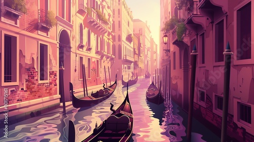 purple illustration of a narrow canal in Venice