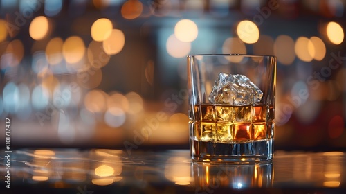 A classic whiskey scotch drink, adorned with ice cubes, rests in a glass at the pub bar. Background night club mock-up decoration—a glass of whiskey with an ice cube poised on the counter.