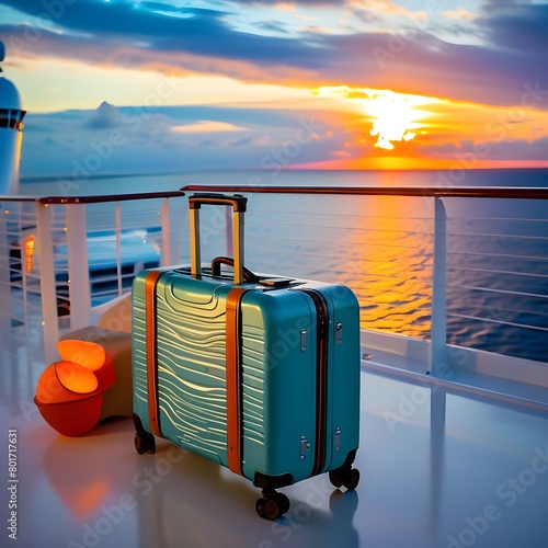 gray suitcase open to reveal diverse travel paraphernalia perched atop a deck of a cruise liner