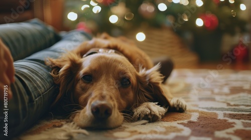 The family dog curls up at the feet of its owners content to be part of the festivities.