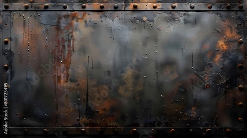 A large, dark, rusted metal plate with a vintage, retro, grungy texture serves as an industrial mechanic decoration surface.