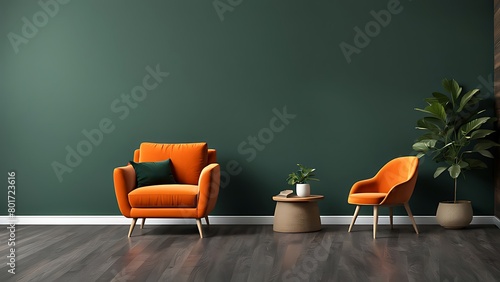  Modern wooden living room with an orange armchair on empty dark green wall background, Minimal room- 3D rendering 