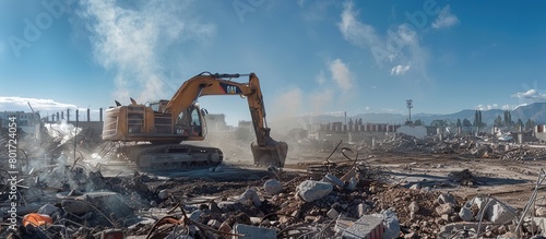 An excavator loader at work excavating, crushing and loading building materials at a demolition construction site.