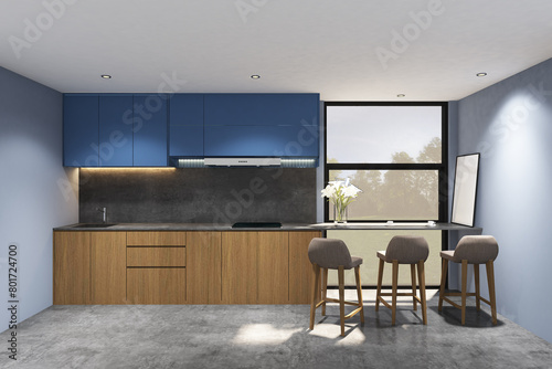 3d rendering illustrationsof interior kitchen wood, blue cabinet side the window with breakfast table, bar chair and frame mock up. Concrete floor and white ceiling. Set 44