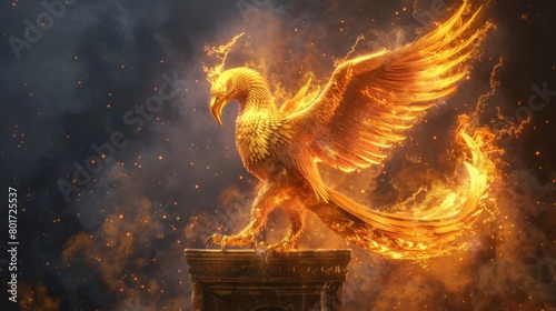 A wise and ancient phoenix its fiery feathers pulsing with energy perched atop a pedestal where an ancient scroll containing forgotten . .