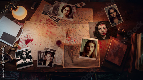 Serial killer's desk with photographs of female victims, a city map, bloodstains, and objects from a crime novel. Criminal investigation for a true crime wallpaper.