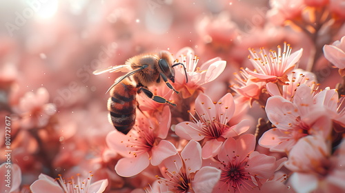 A bee collects nectar from pink flowers. 
