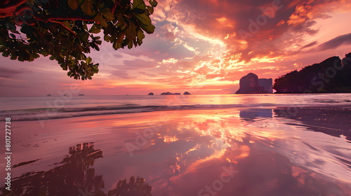 Amazingly colorful sea beach sunset with reflective red sand and bright clouds