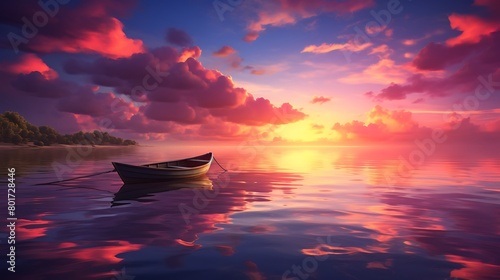 A serene sunset paints the sky in hues of pink and gold, casting a warm glow over the solitary boat by the ocean shore