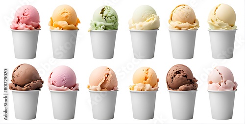 Set of Ice cream scoop on white blank empty paper cup bowl cutout. Many assorted different flavour Mockup template for artwork design 