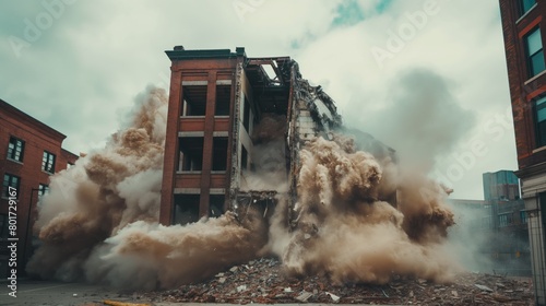 A demolition scene with a wrecking ball smashing into the side of an old building dust billowing
