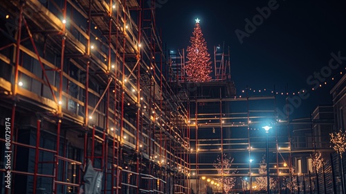 A festive scene of a construction site during the holidays with a small Christmas tree perched atop an unfinished structure