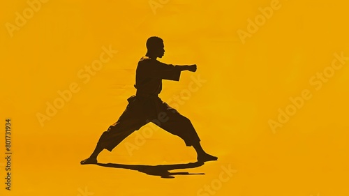 Silhouette of person performing karate on yellow - A strong silhouette of a martial artist executing a karate stance against a vibrant yellow background, illustrating discipline and strength