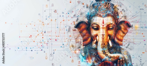 Ganesha lord of wisdom statue with copy space technology background. Hindu religion concept. Generative AI technology. 