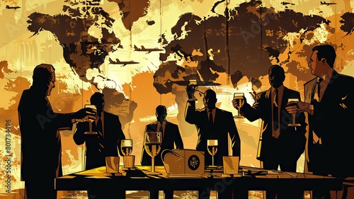Retro style business meeting over world map - Silhouetted figures in suits toast over glasses on a table with a vintage world map backdrop, invoking a clandestine or celebratory global affair