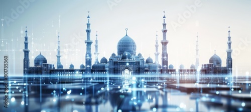 Digital mosque with abstract network technology elements. Generative AI technology. 
