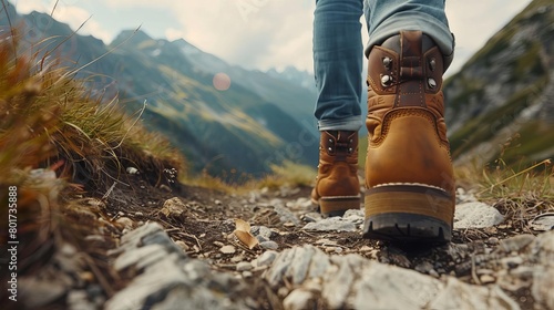 closeup of hikers leather boots in motion on mountain trail active outdoor adventure concept