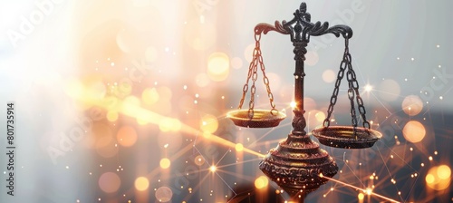 Scale of justice on bokeh technology copy space background. Generative AI technology. 