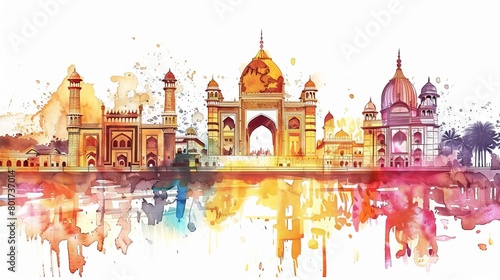 colorful watercolor illustration of famous maharashtra monuments for maharashtra day