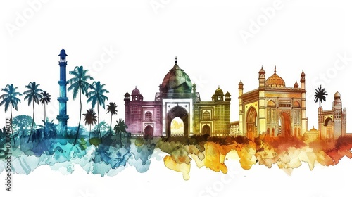 colorful watercolor illustration of famous maharashtra monuments for maharashtra day