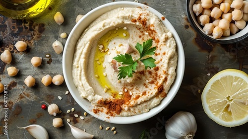 creamy hummus dip with chickpeas tahini garlic lemon and olive oil in white bowl illustration food photography