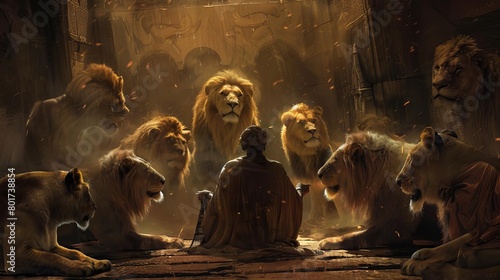 daniel in the lions den hungry lions surrounding faithful prophet digital bible illustration