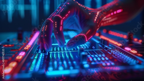 A DJ using a controller that responds to their hand gestures and facial expressions allowing them to manipulate and blend different tracks with fluid and intuitive movements..