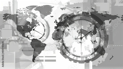 Monochrome world map blended with clock imagery - A grayscale world map overlaid with transparent clock graphics symbolizing the passage of time and international time zones