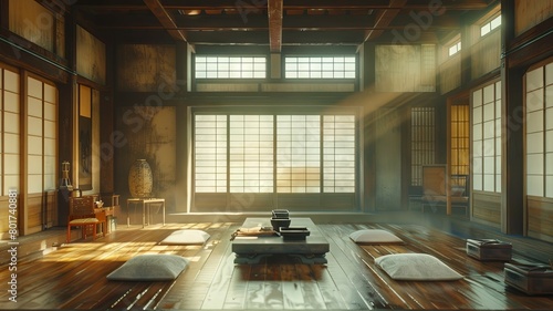 Traditional Japanese room with sunlight - A serene traditional Japanese room with tatami mats and shoji sliding doors, bathed in soft, warm sunlight
