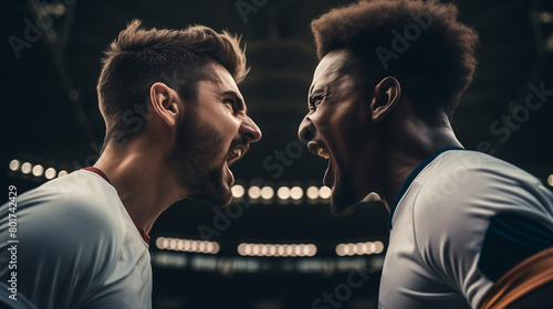 The soccer player engaged in a heated argument with the goalkeeper about the length of the football pitch, their silhouettes against the stadium lights painting a dramatic scene. soccer, player, sport