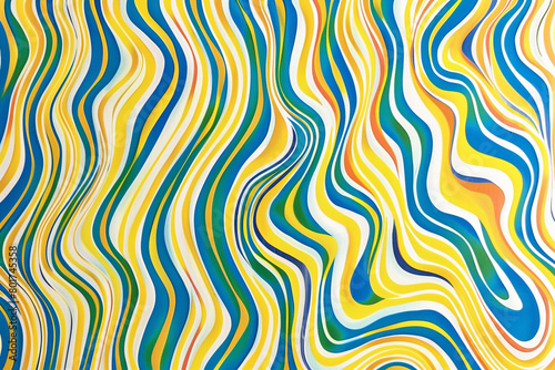 A pattern of colorful, thin lines in varying shades of yellow and blue on white paper, creating an optical illusion that appears to undulate like waves or liquid flowing across the surface. 