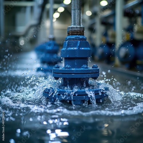 leaking water blue pump in industrial warehouse
