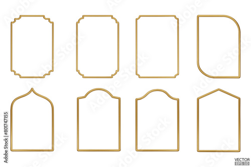 Simple golden geometric frames are isolated on white background. Luxury gold borders for wedding invitations, luxury templates, and decorative patterns. Golden border design. 3D vector illustration.