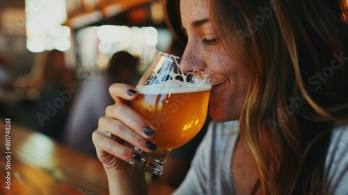 A woman excitedly smelling a glass of craft beer before taking a sip.