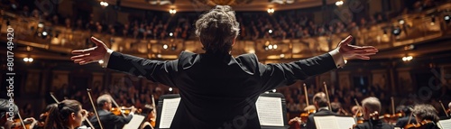 The conductor, with arms outstretched in fervent movement, guides the symphony orchestra in a magnificent performance on the elegant stage of a renowned music venue, eliciting awe from the spectators.