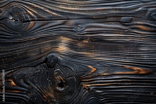 Texture of black and dark brown old wood. Charred and burnt old Board with knots. Wide burned board texture close-up, panoramic banner - generative ai
