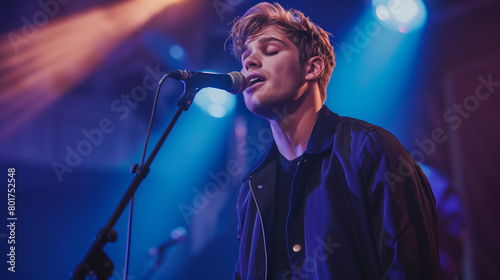 Photo image of a young and handsome 23-year-old Swiss male singer wearing a navy blue jacket and singing at a live house