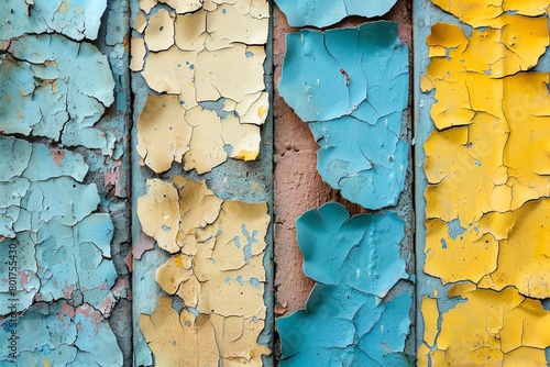 peeling paint texture, vintage wall background with cracked and pealing beige blue gray yellow colors