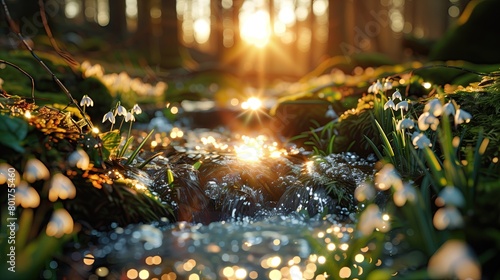 Evening forest, the setting sun filtering through the leaves. early spring snowdrops mountain stream fireflies